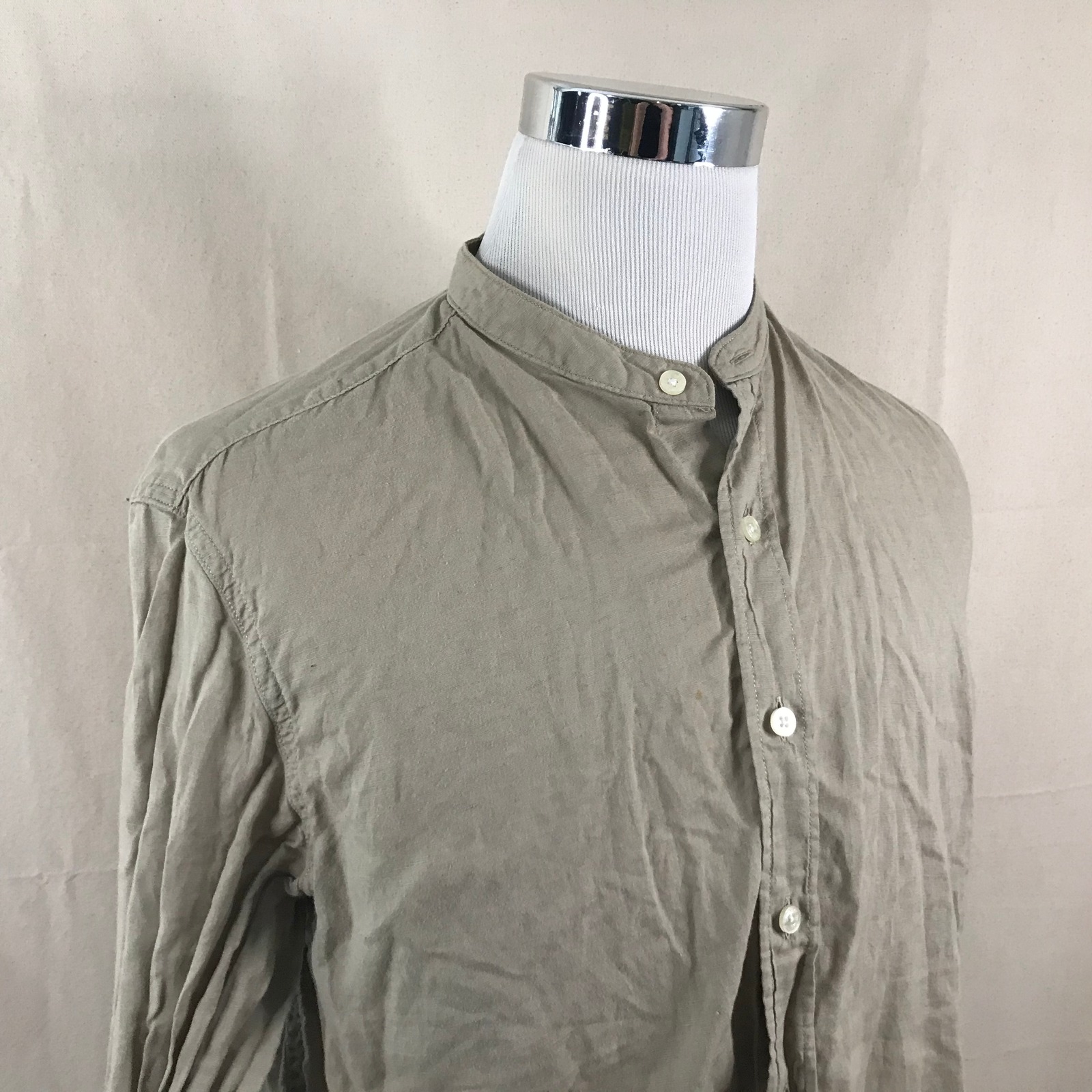 Levis Large Slim Fit Linen Blend Shirt Tan Solid Band Collar Long Sleeve Mens